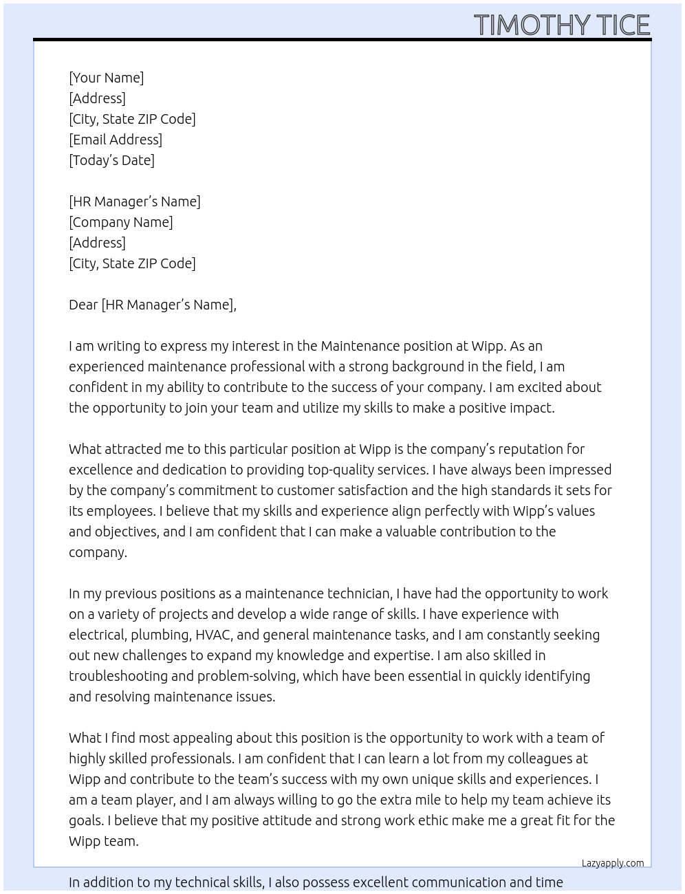 Maintenance  At Wipp Cover Letter