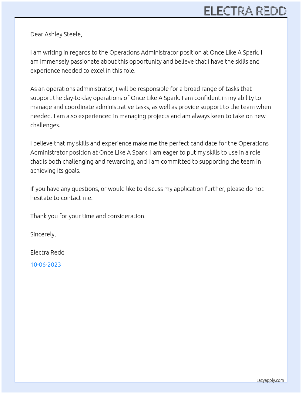 Operations Administrator  At Once Like A Spark Cover Letter