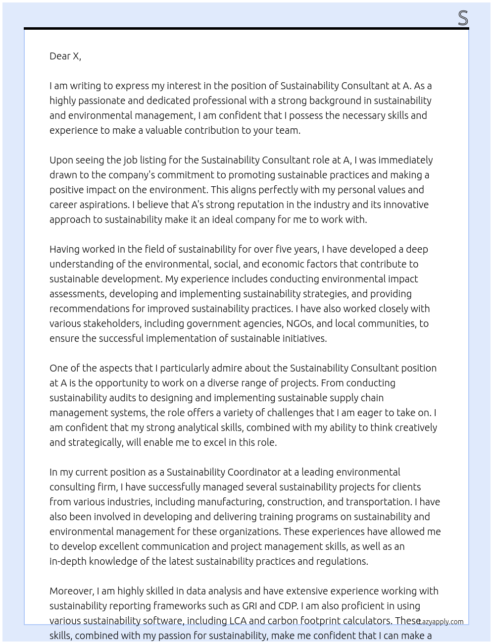 Sustainability Consultant  At a Cover Letter