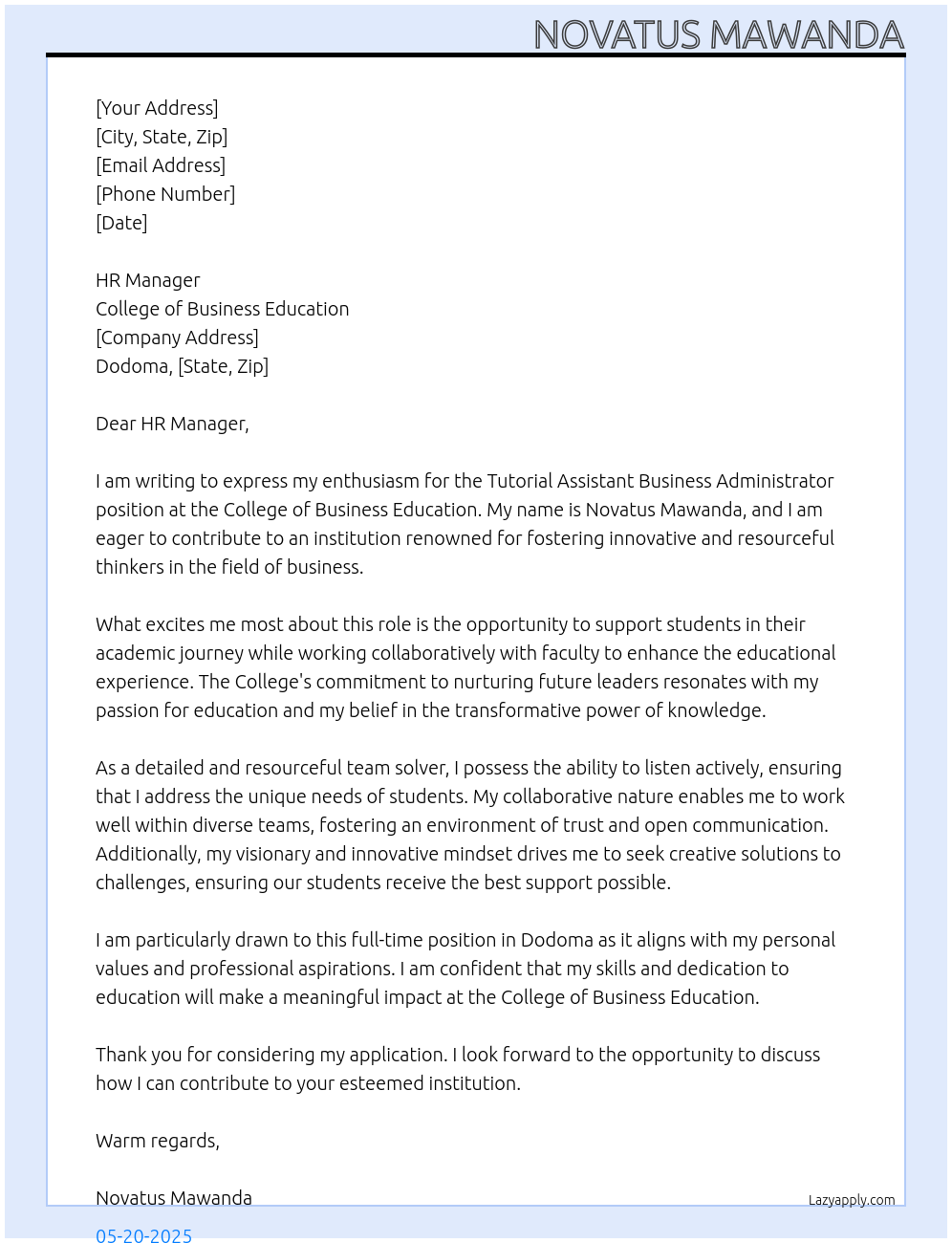 Cover letter for tutorial assistant business administrator - LazyApply