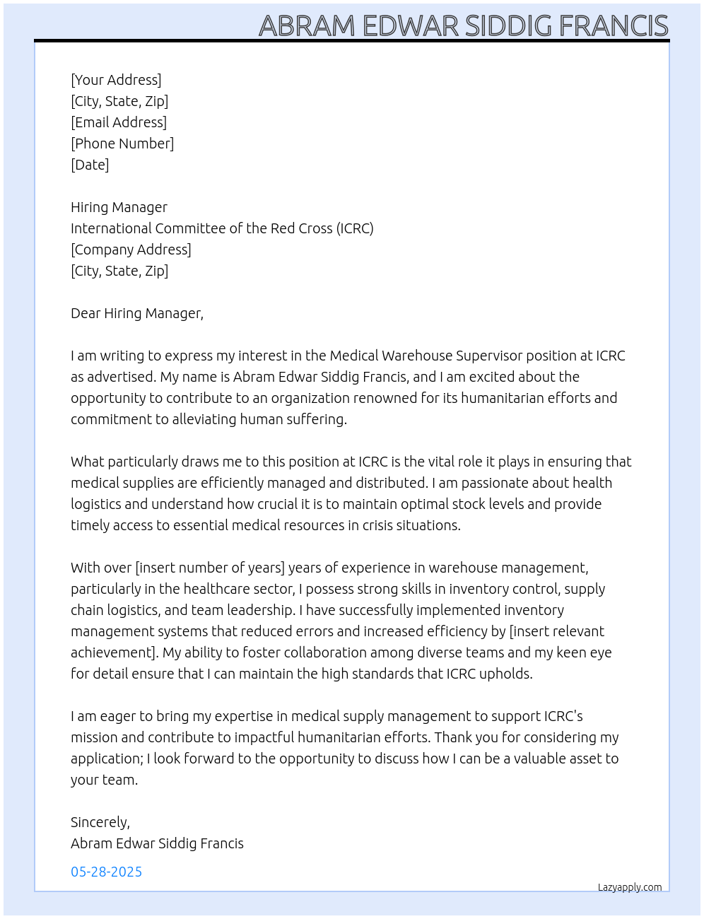 Medical warehouse supervisor At ICRC Cover Letter