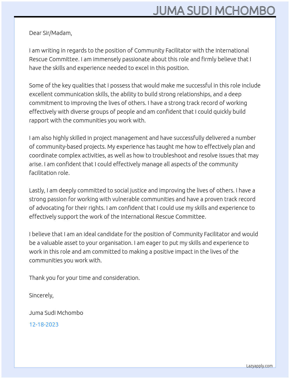 community facilitator At international Rescue committee Cover Letter