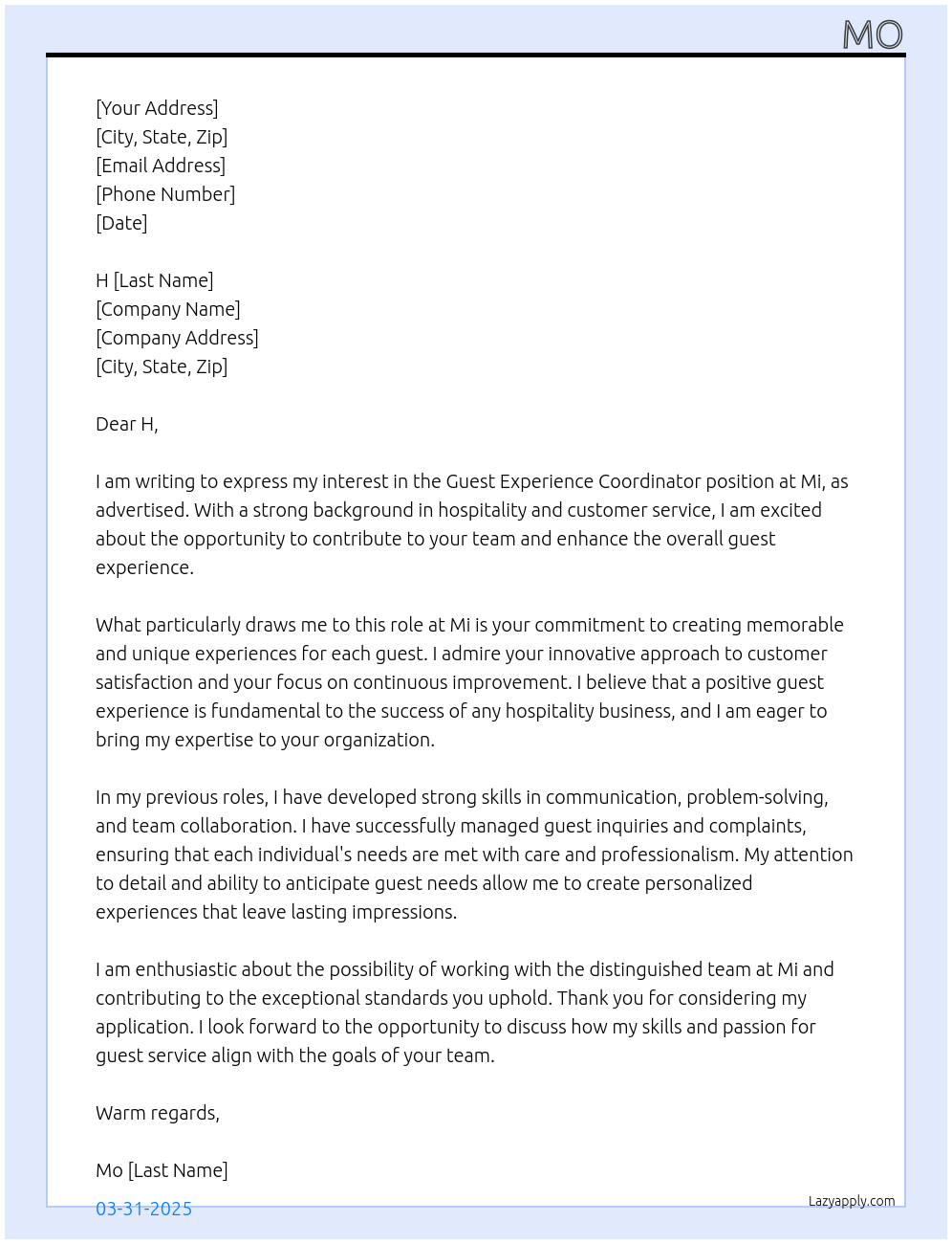 Cover letter for guest experience coordinator - LazyApply