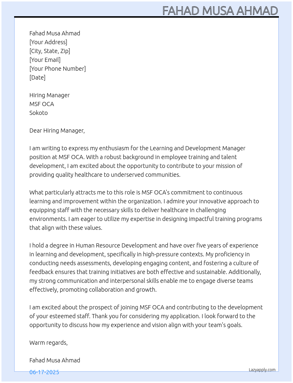 Learning and Development Manager At MSF OCA, Sokoto Cover Letter