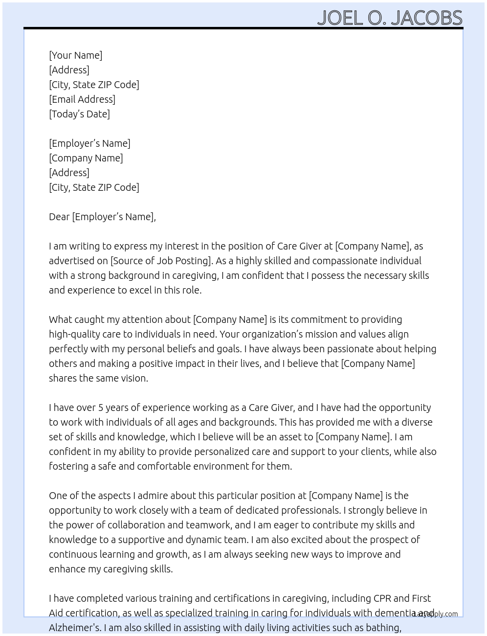 CARE GIVER At CARE GIVER Cover Letter