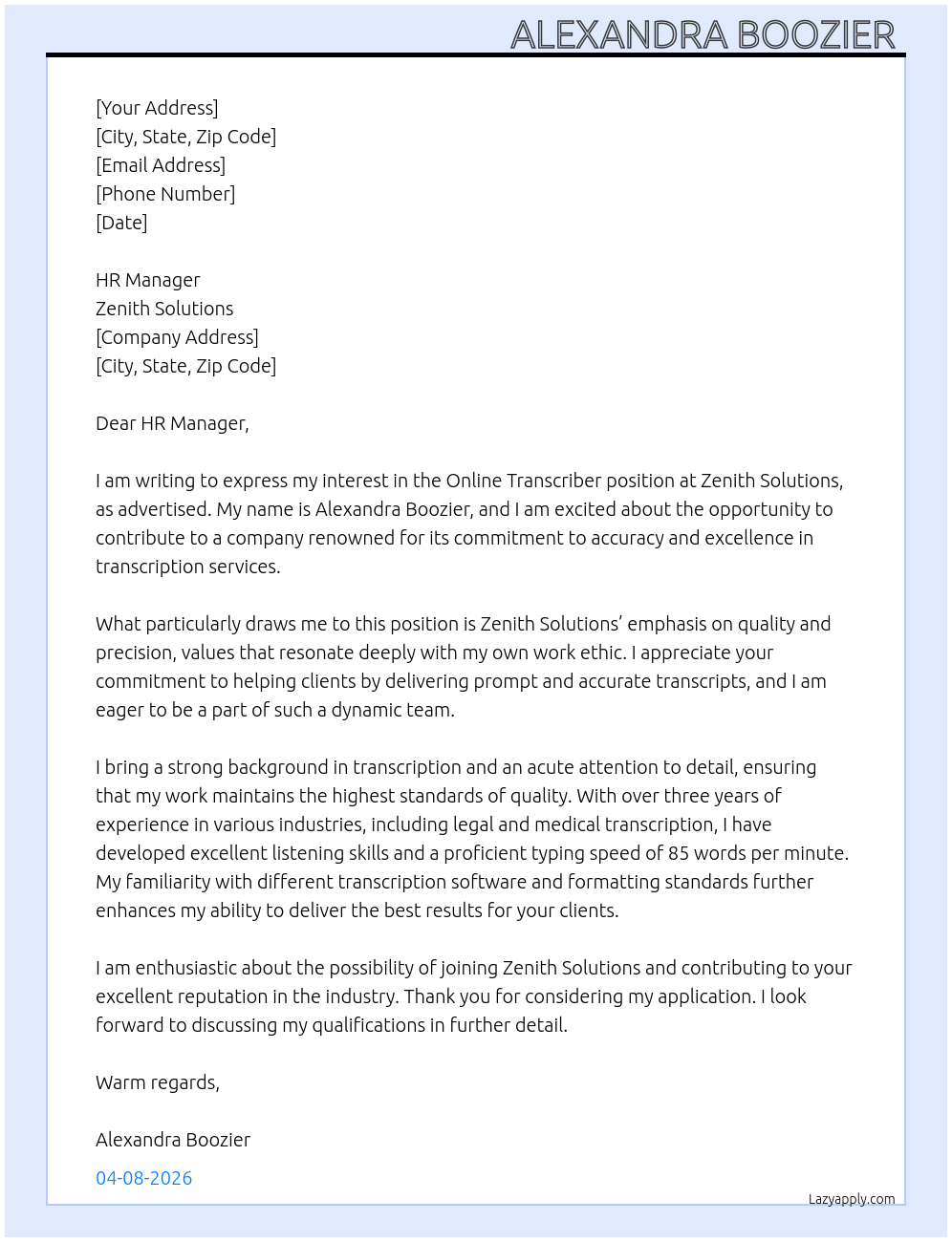 Cover letter for online transcriber - LazyApply