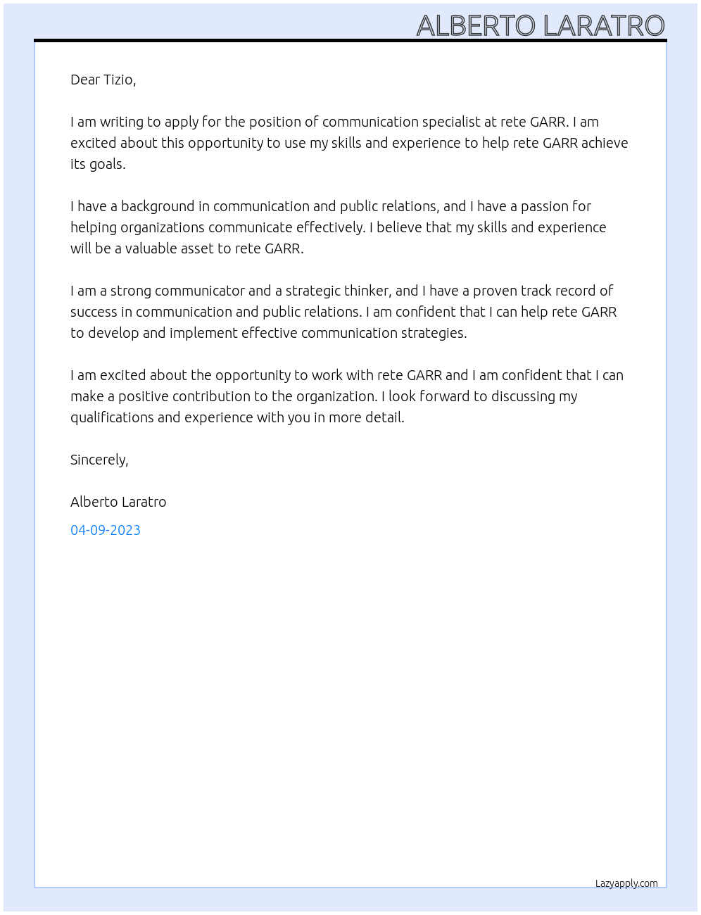 Communication specialist At rete GARR Cover Letter