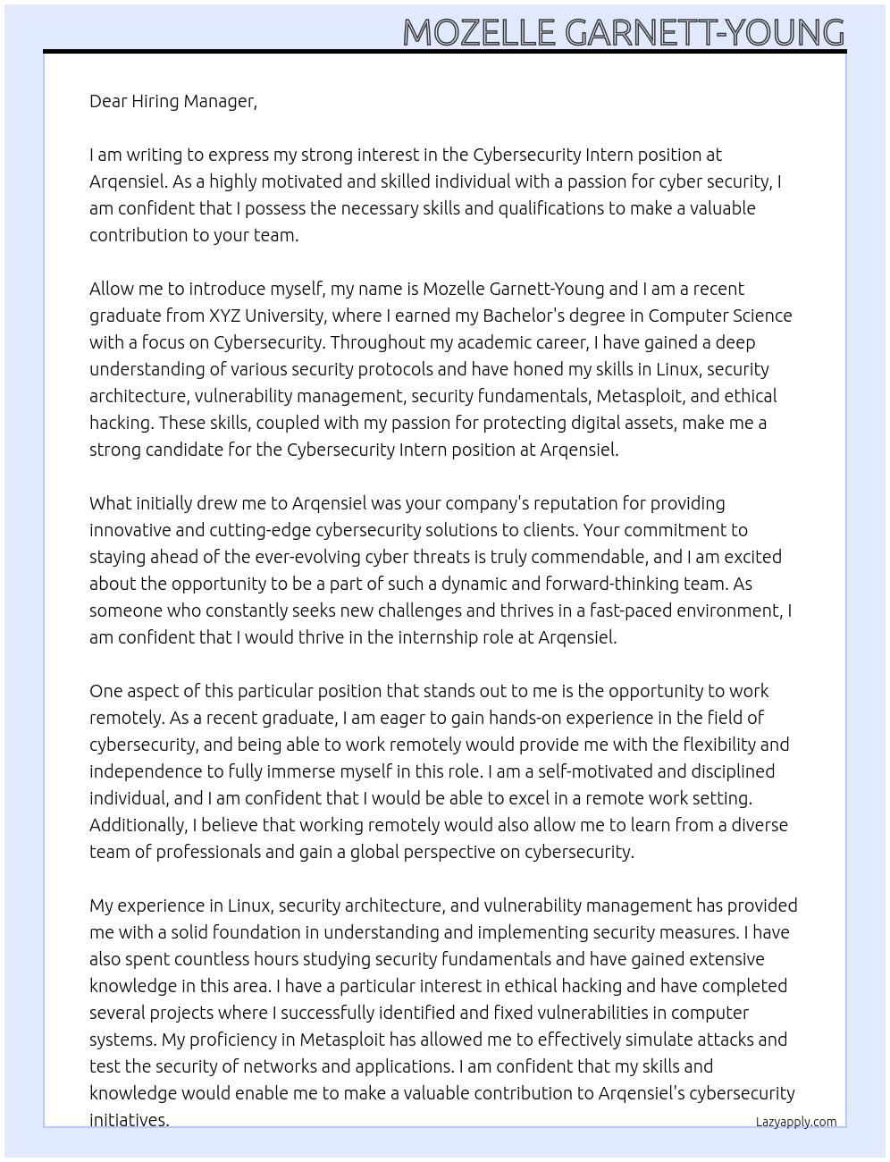 Cybersecurity Intern At Arqensiel Cover Letter