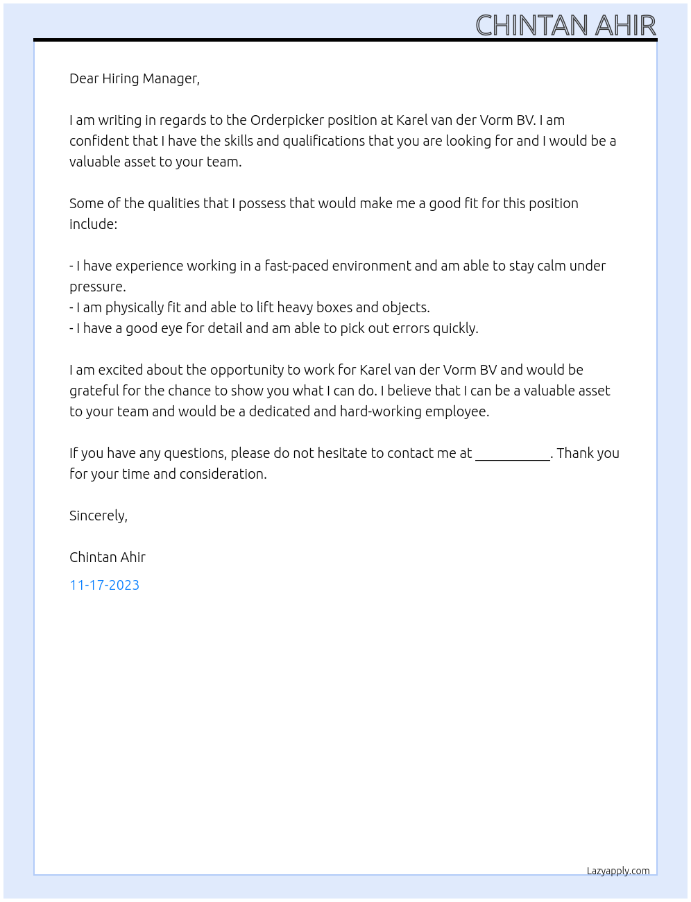 Orderpicker At Karel van der Vorm BV Cover Letter