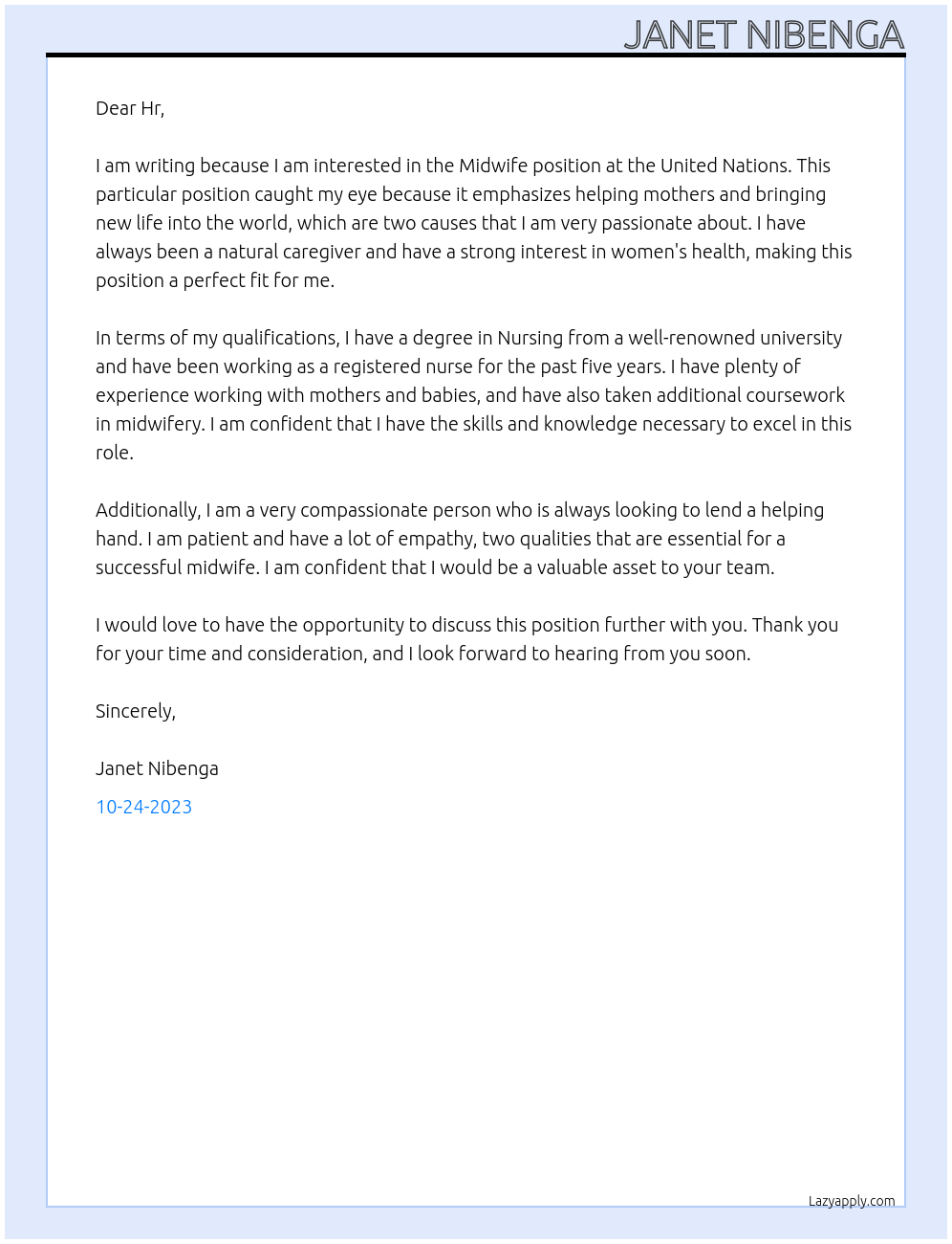 Midwife At United Nations  Cover Letter
