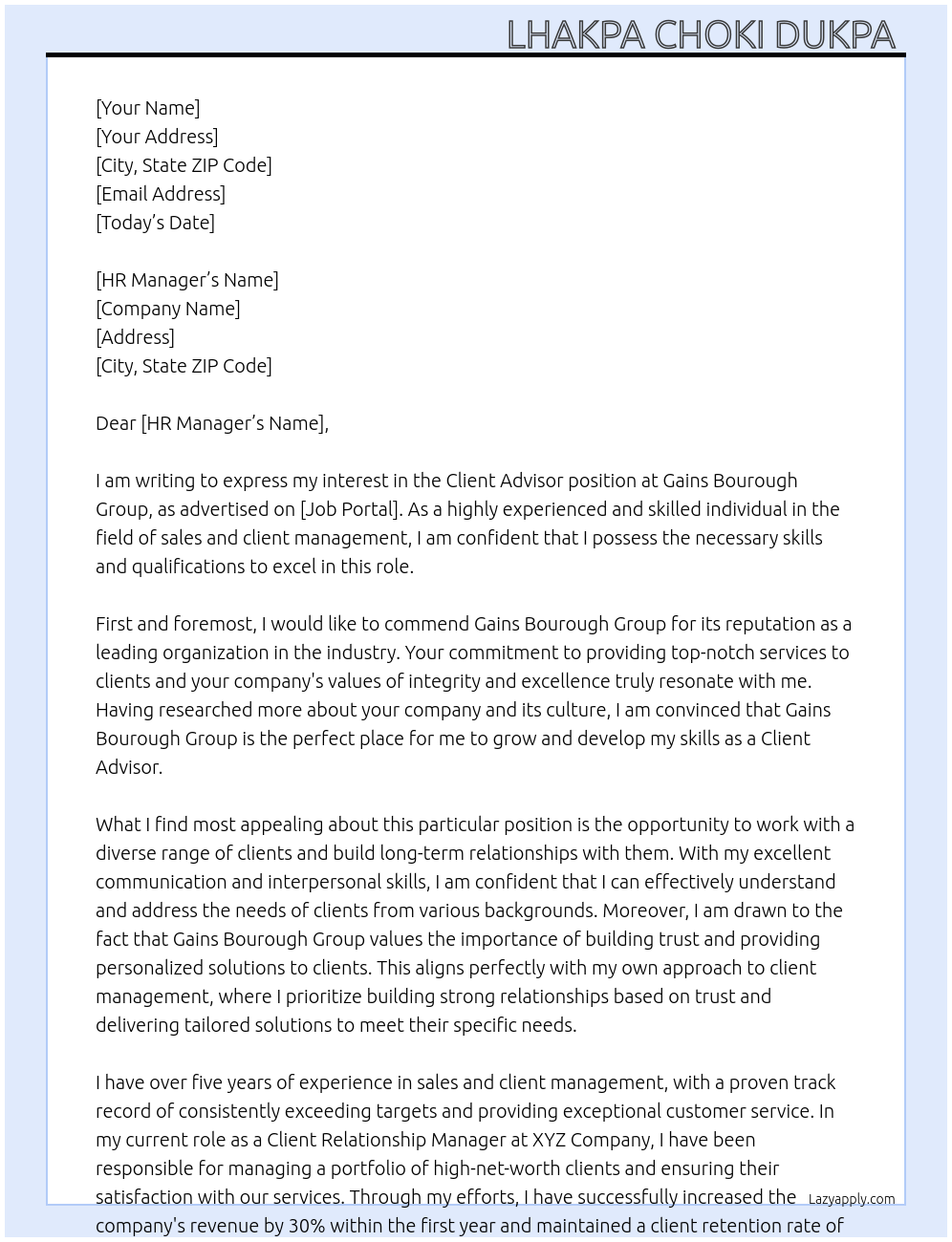 Client advisor At Gains bourough group Cover Letter