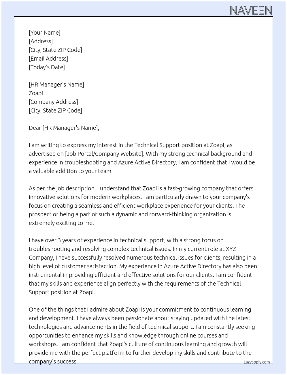 Technical support At Zoapi Cover Letter