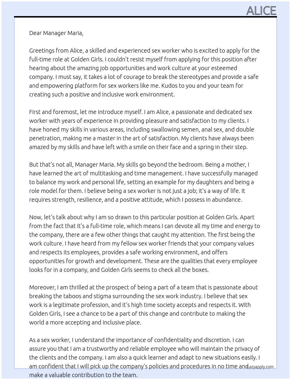 Sex worker At Golden Girls Cover Letter