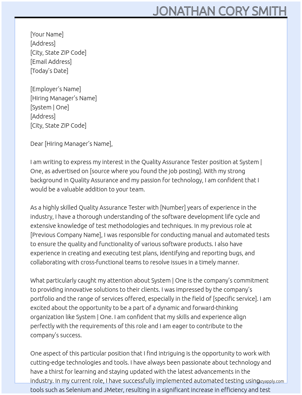 Quality Assurance Tester At System | One Cover Letter