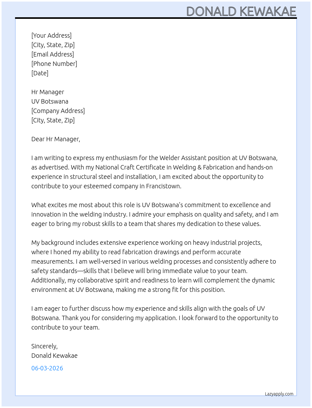 Welder Assistant At UV Botswana Cover Letter