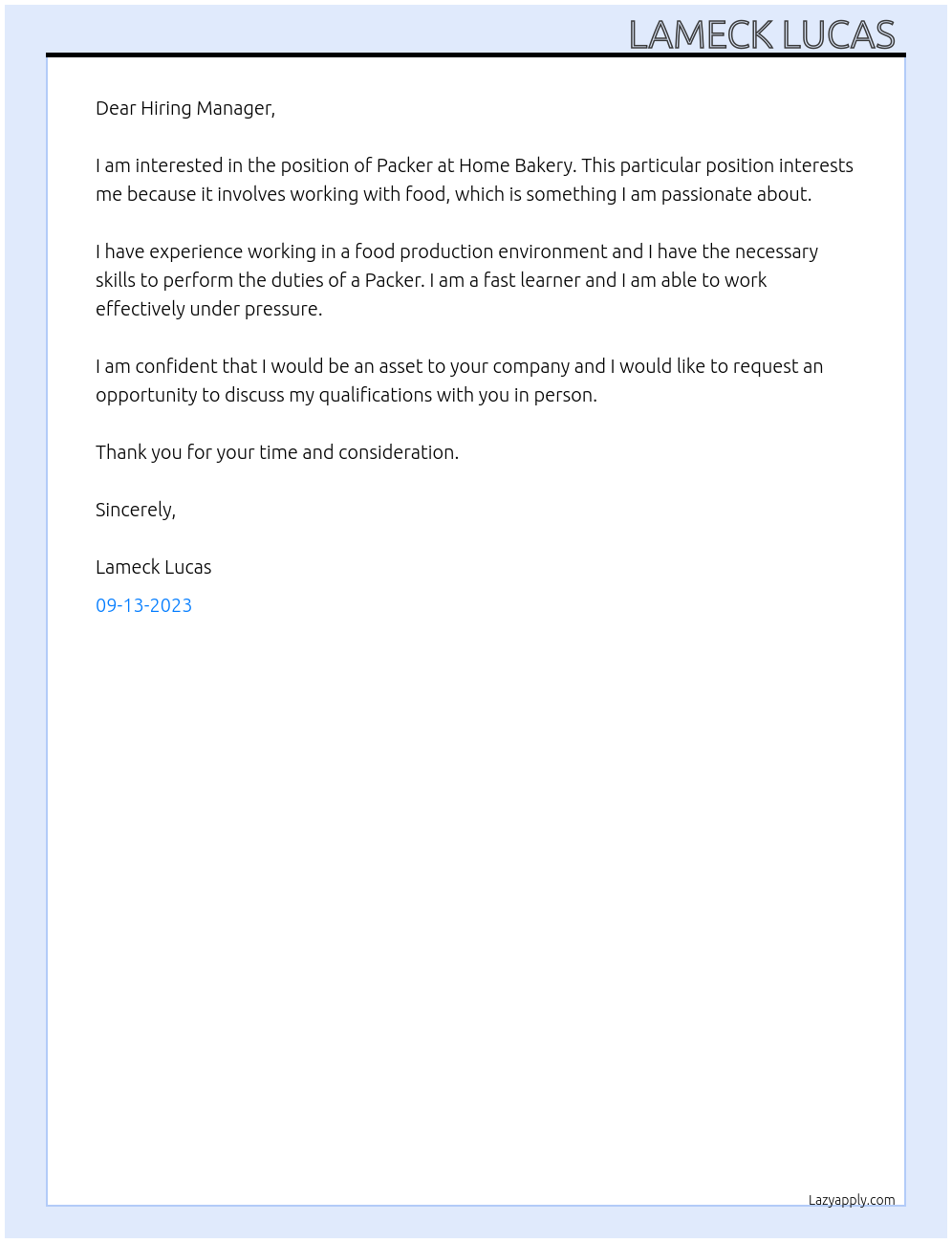 Packer At Home Bakery  Cover Letter
