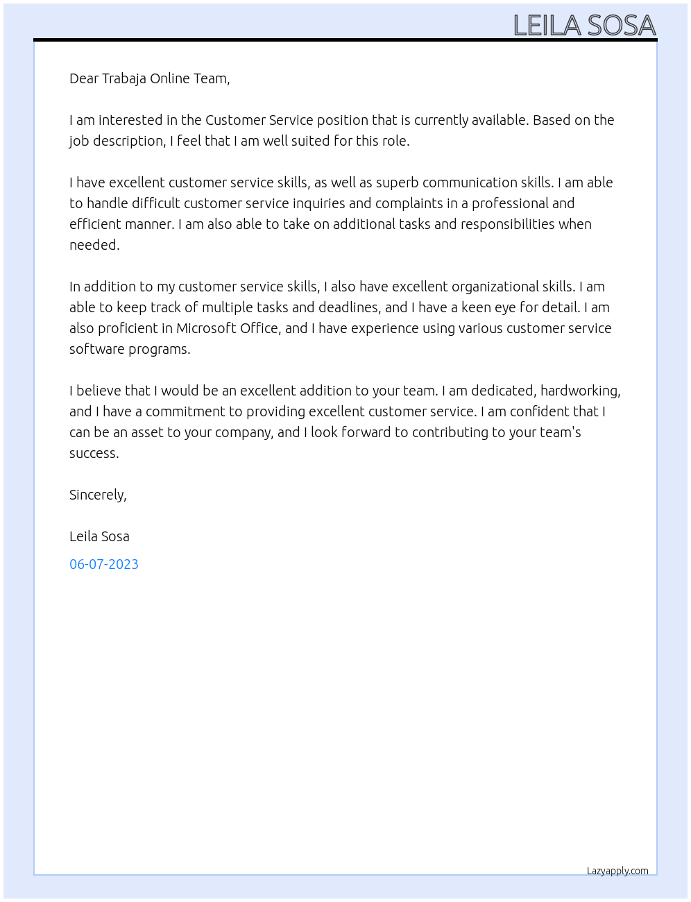 Costumer Service At Trabaja Online Cover Letter