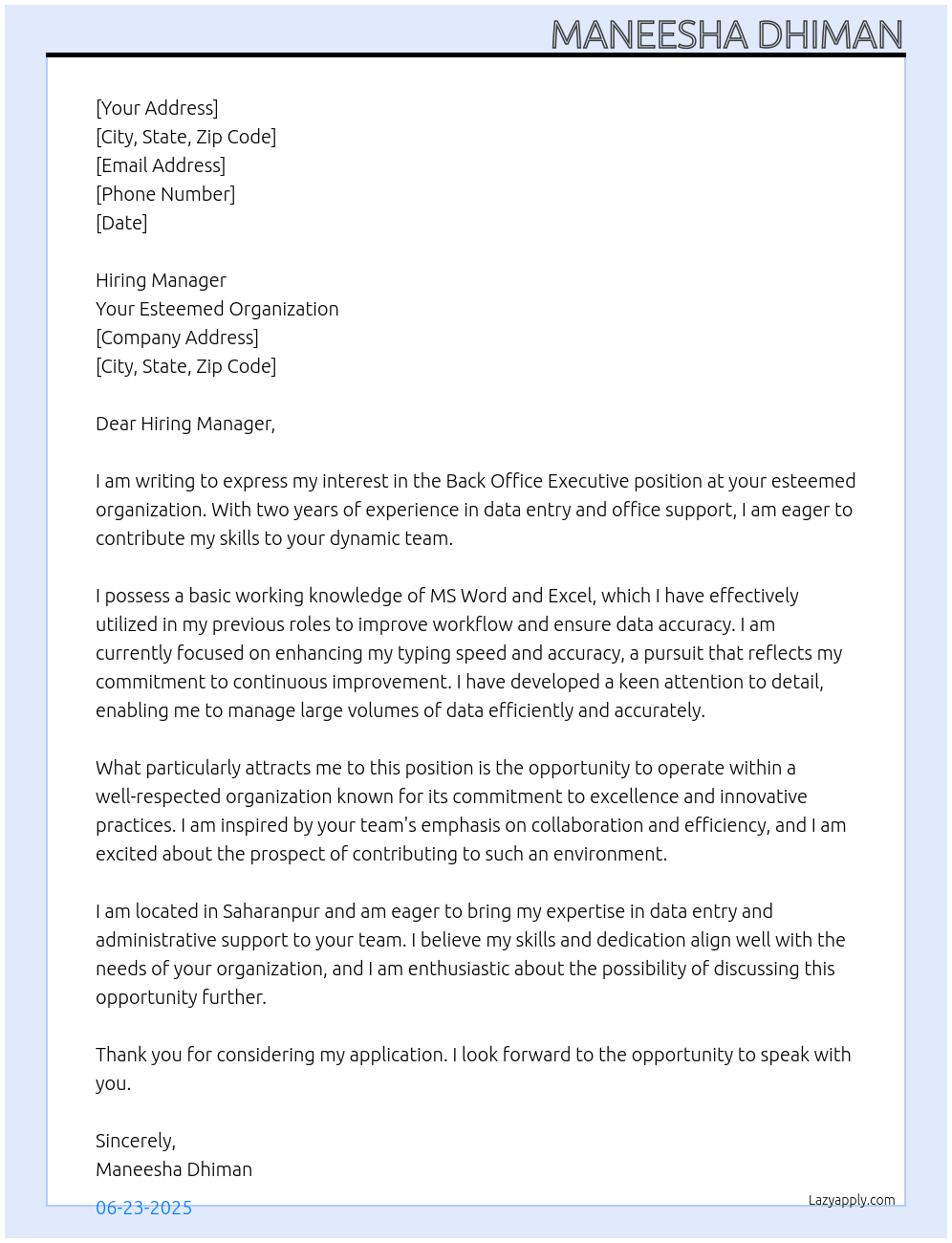 Back office executive At your esteemed organization Cover Letter