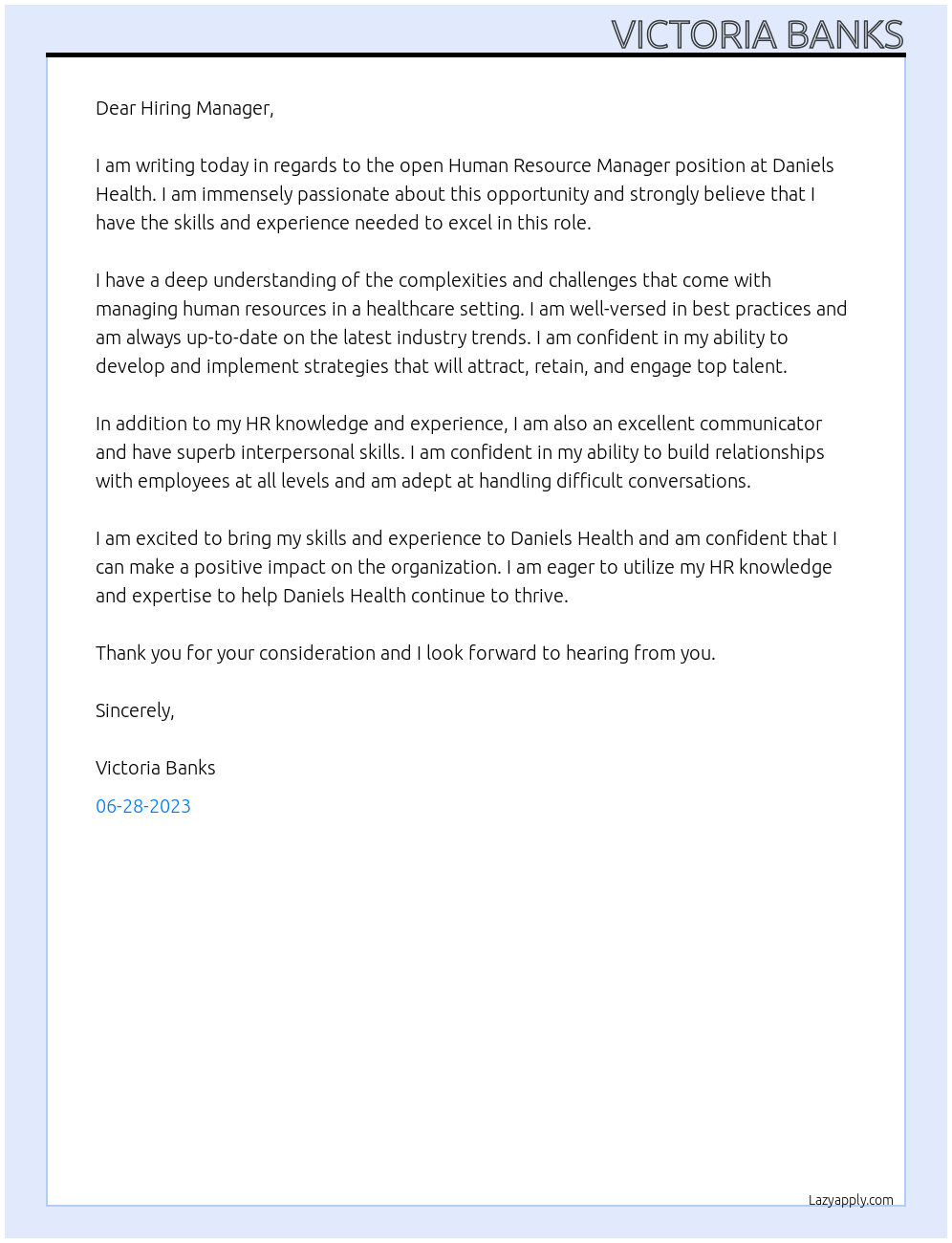Human Resource Manager At Daniels Health Cover Letter