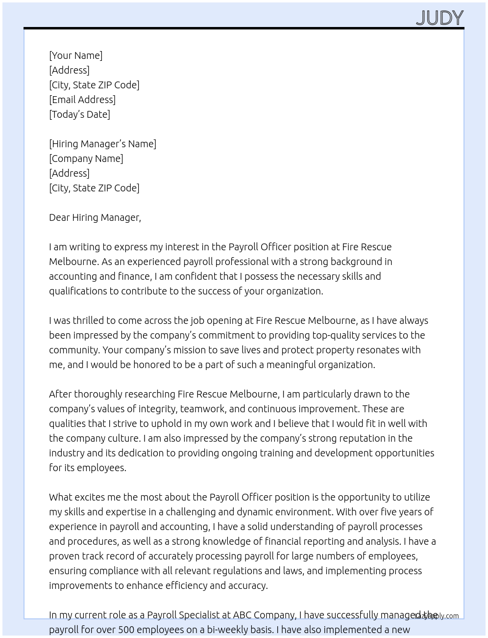 Payroll Officer At Fire rescue melbourne Cover Letter