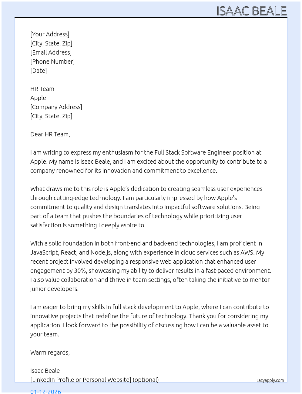 Full Stack Software Engineer At Apple Cover Letter