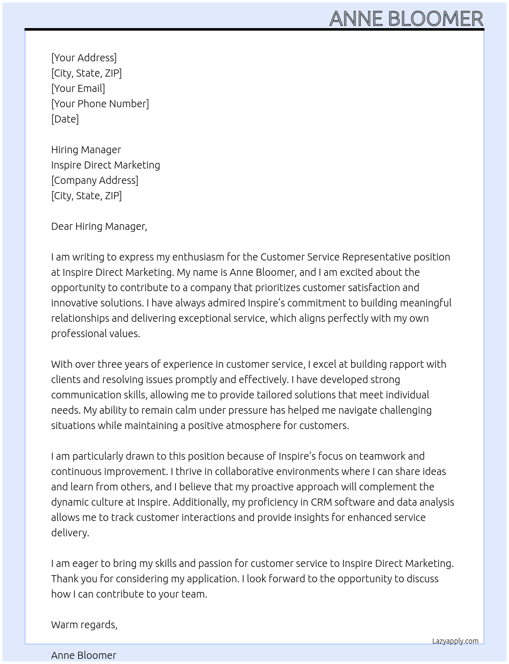 Cover letter for customer service representive - LazyApply