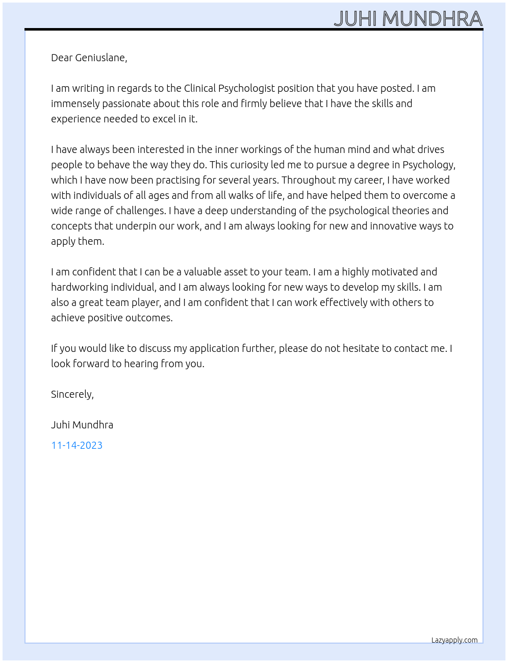 Clinical Psychologist At Geniuslane  Cover Letter