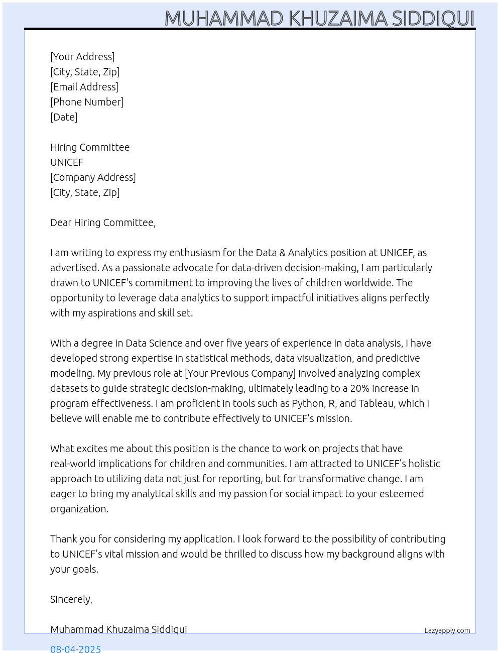 Data & Analytics At UNICEF Cover Letter