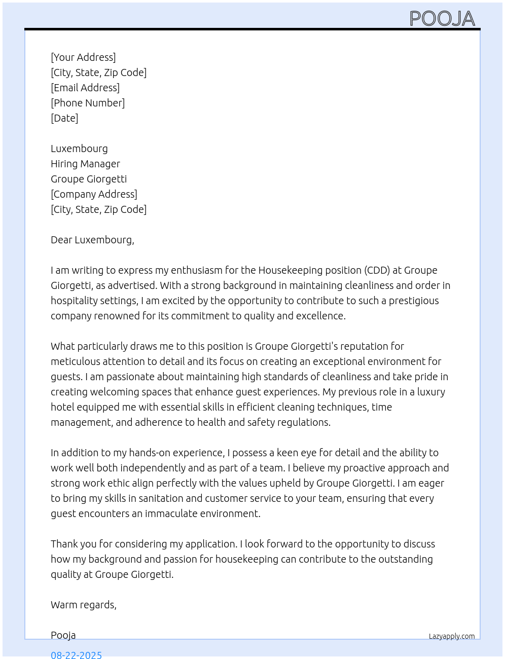 Housekeeping At Agent de controle qualite housekeeping (CDD)-Groupe Giorgetti Cover Letter