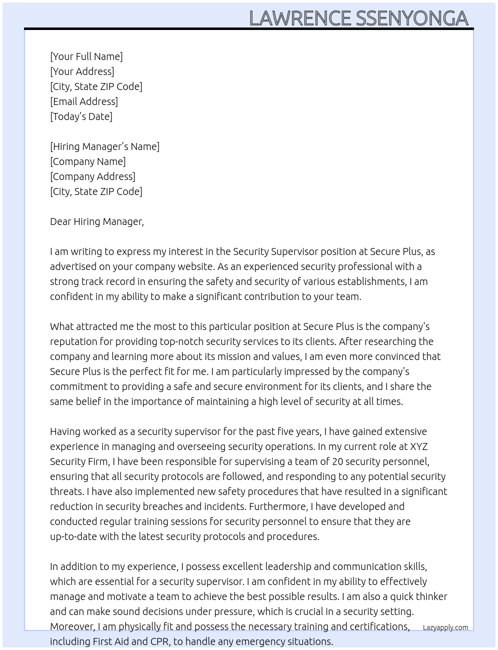 SECURITY SUPERVISOR  At SECURE PLUS Cover Letter