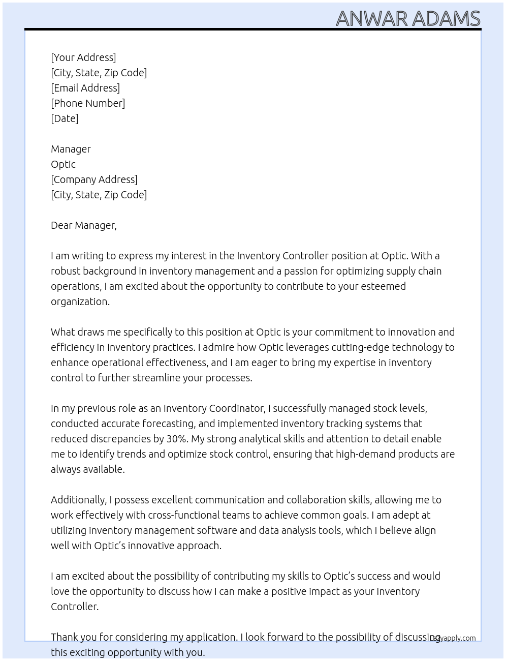 Inventory Controller At Optic Cover Letter