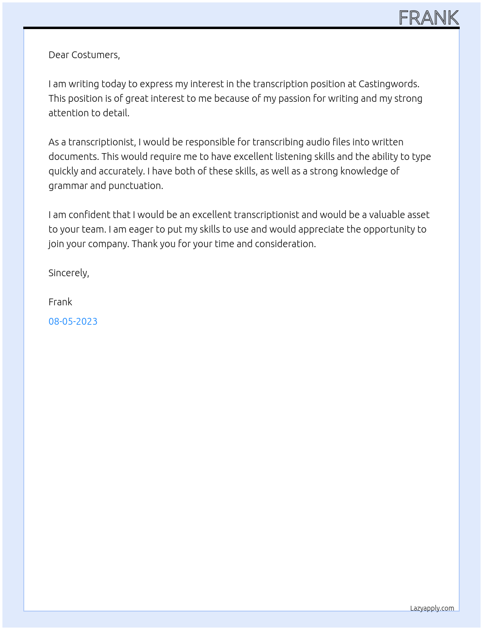 Transcription At Castingwords Cover Letter