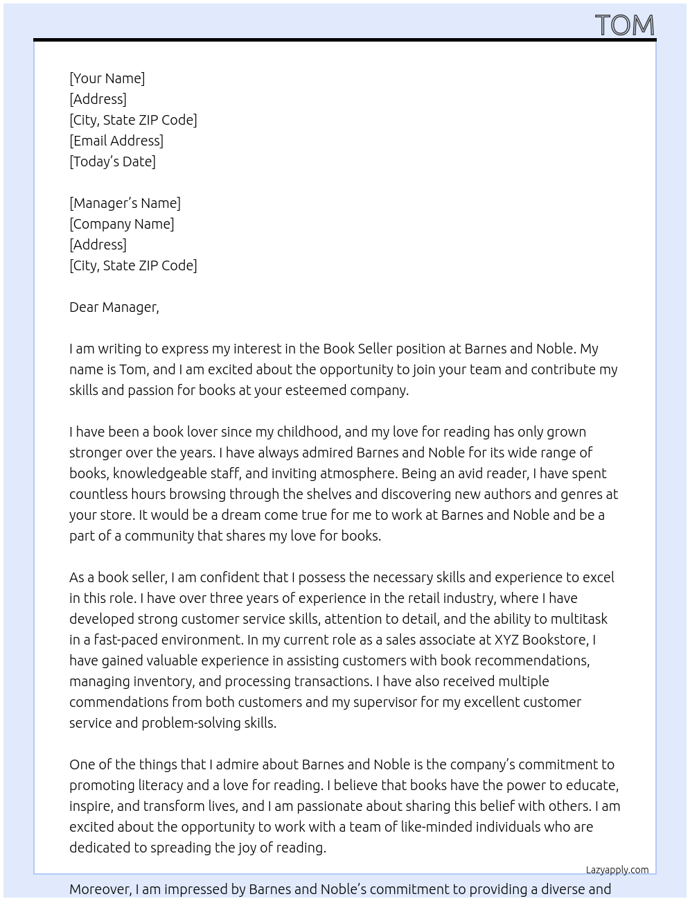 Book seller At Barnes and nobel Cover Letter