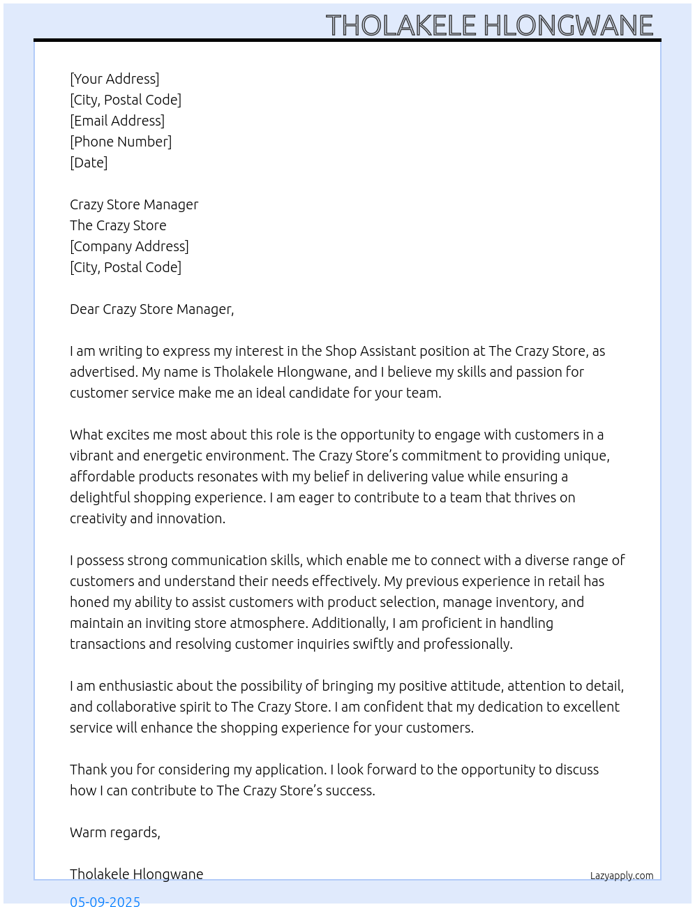 Shop assistant At The crazy store Cover Letter