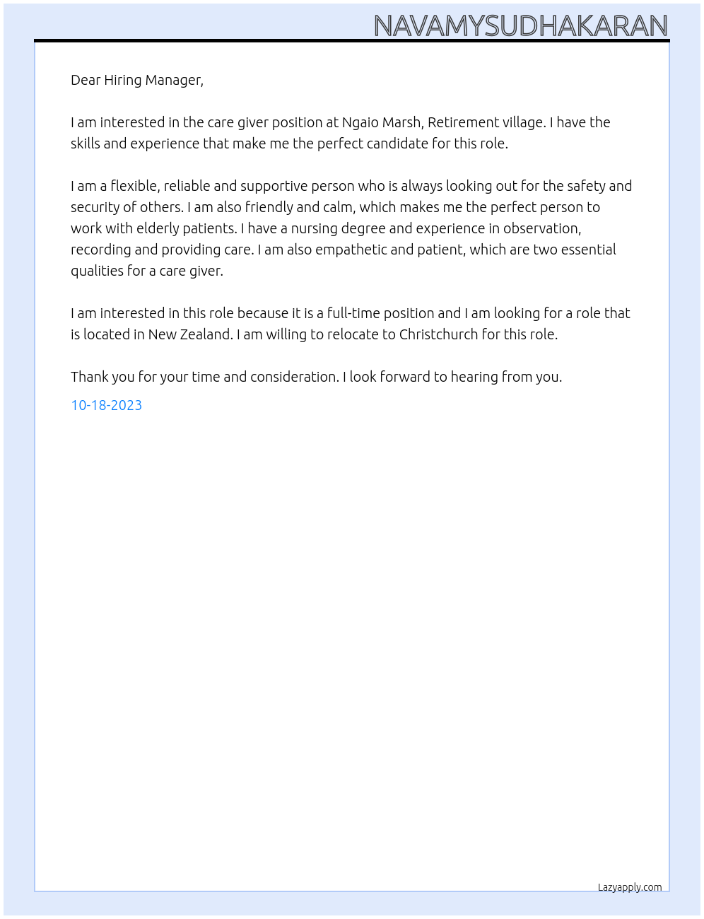 Care giver At Ngaio Marsh, Retirement village, Christchurch Cover Letter