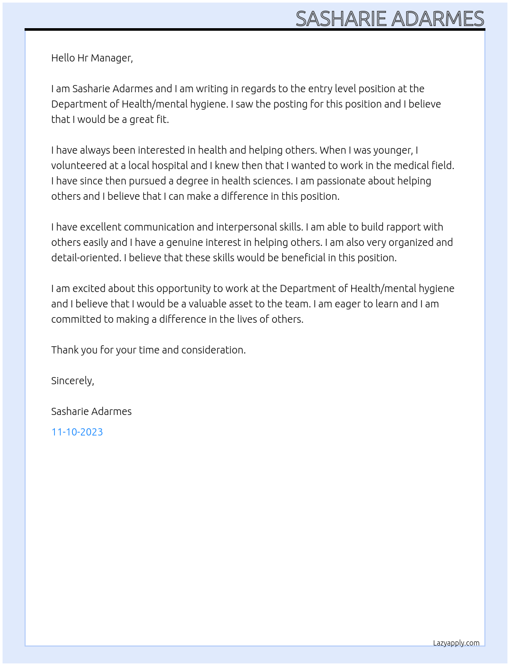 Entry Level At Department of Health/mental hygiene Cover Letter