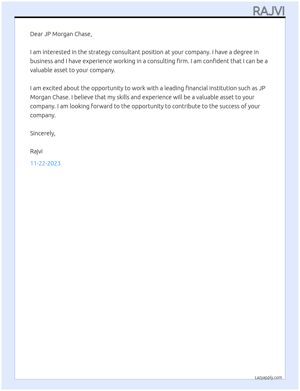 Strategy consultant At JP Morgan Chase Cover Letter