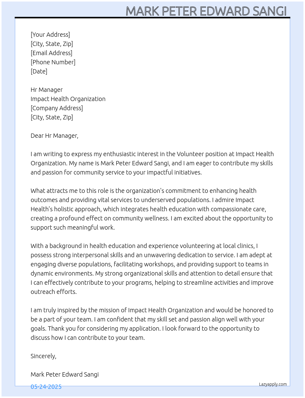 Volunteer At Impact health organization Cover Letter