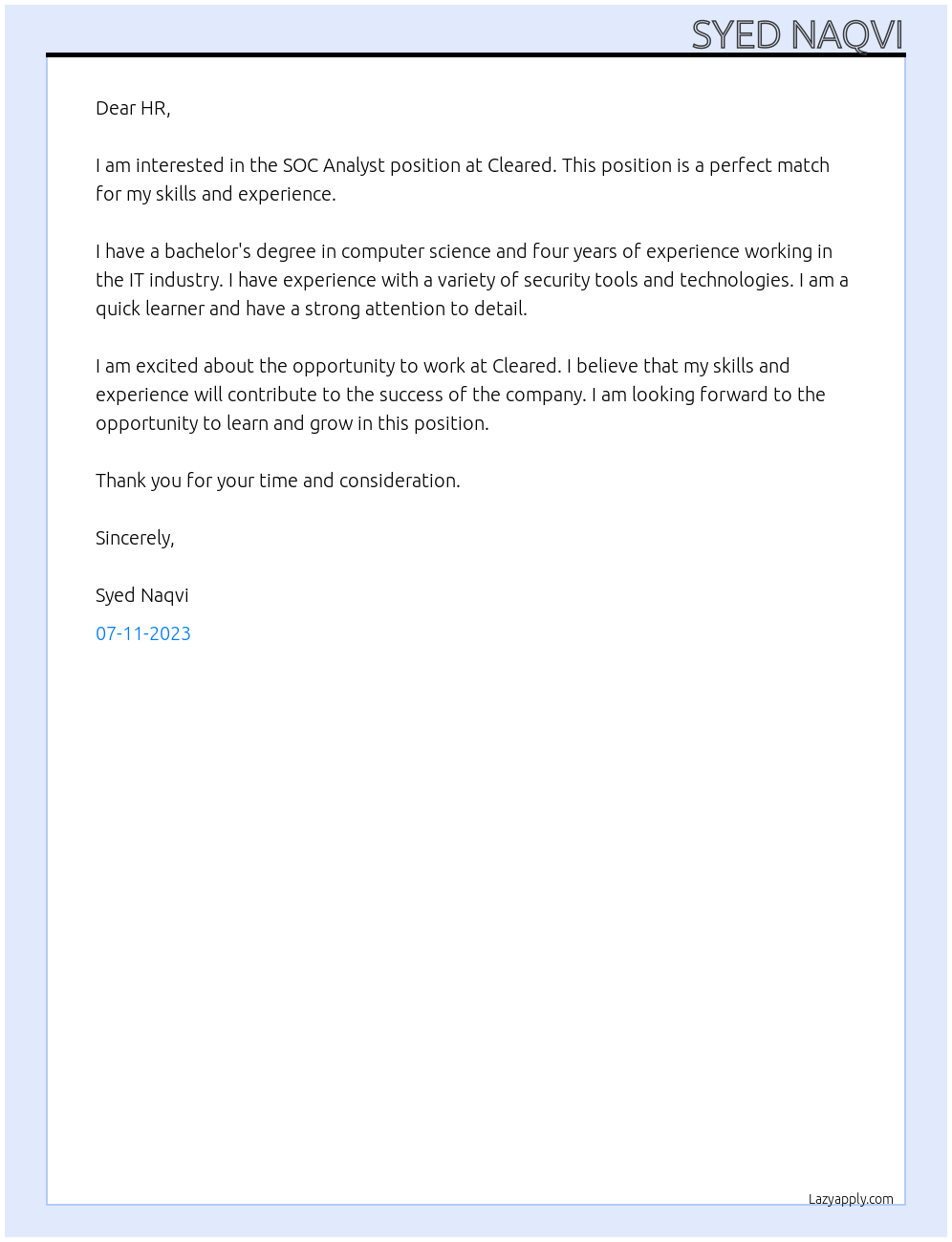 SOC Analyst At Cleared Cover Letter