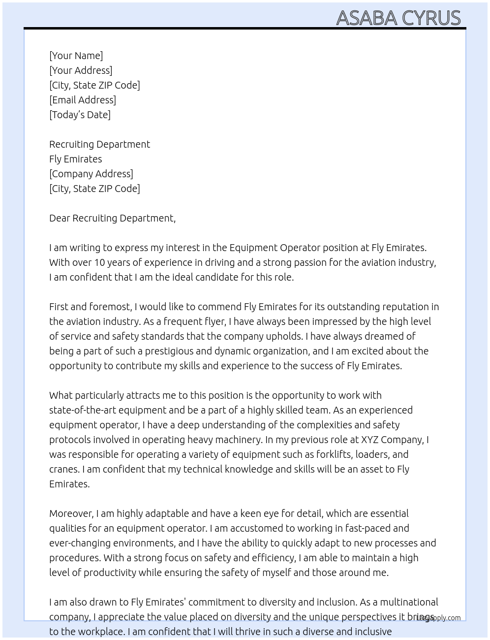 Equipment operator At Fly Emirates Cover Letter