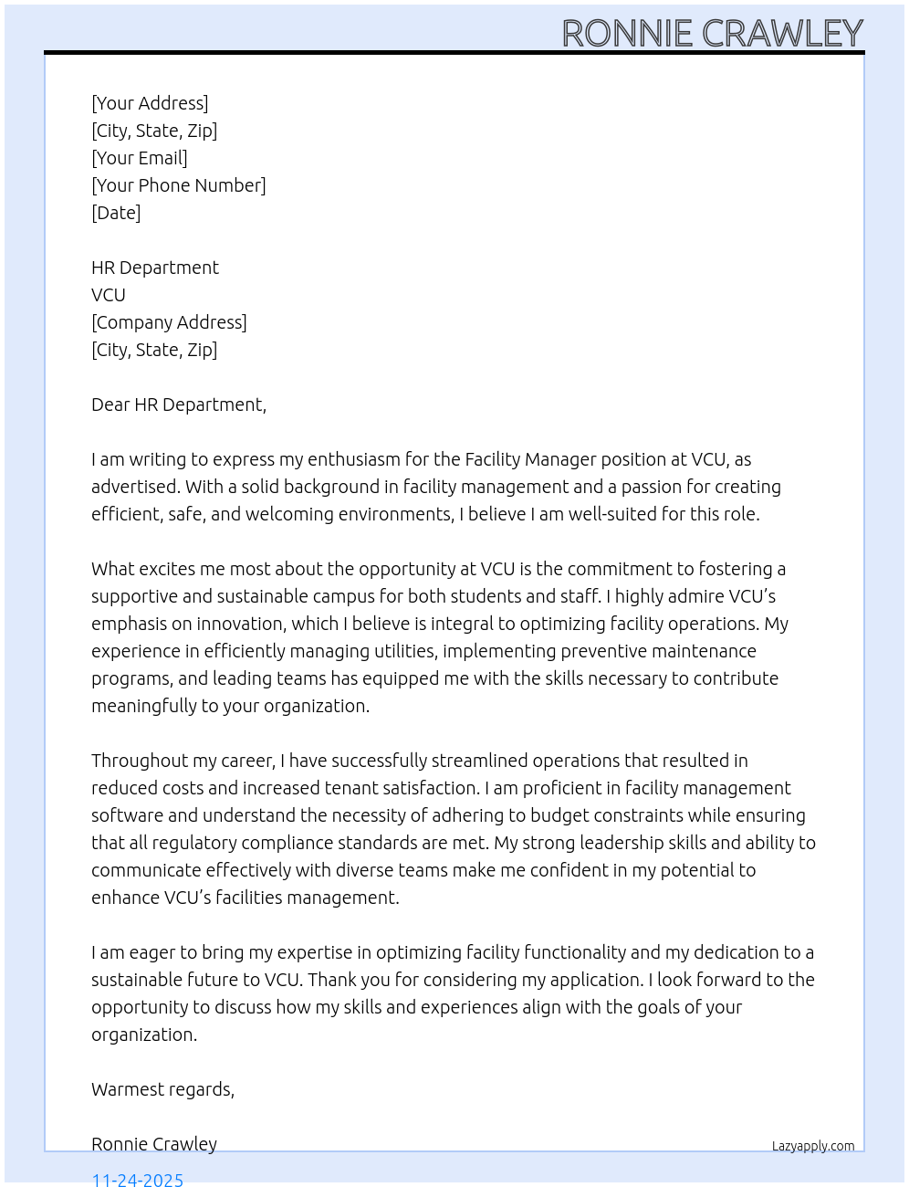 Cover letter for facility manager - LazyApply