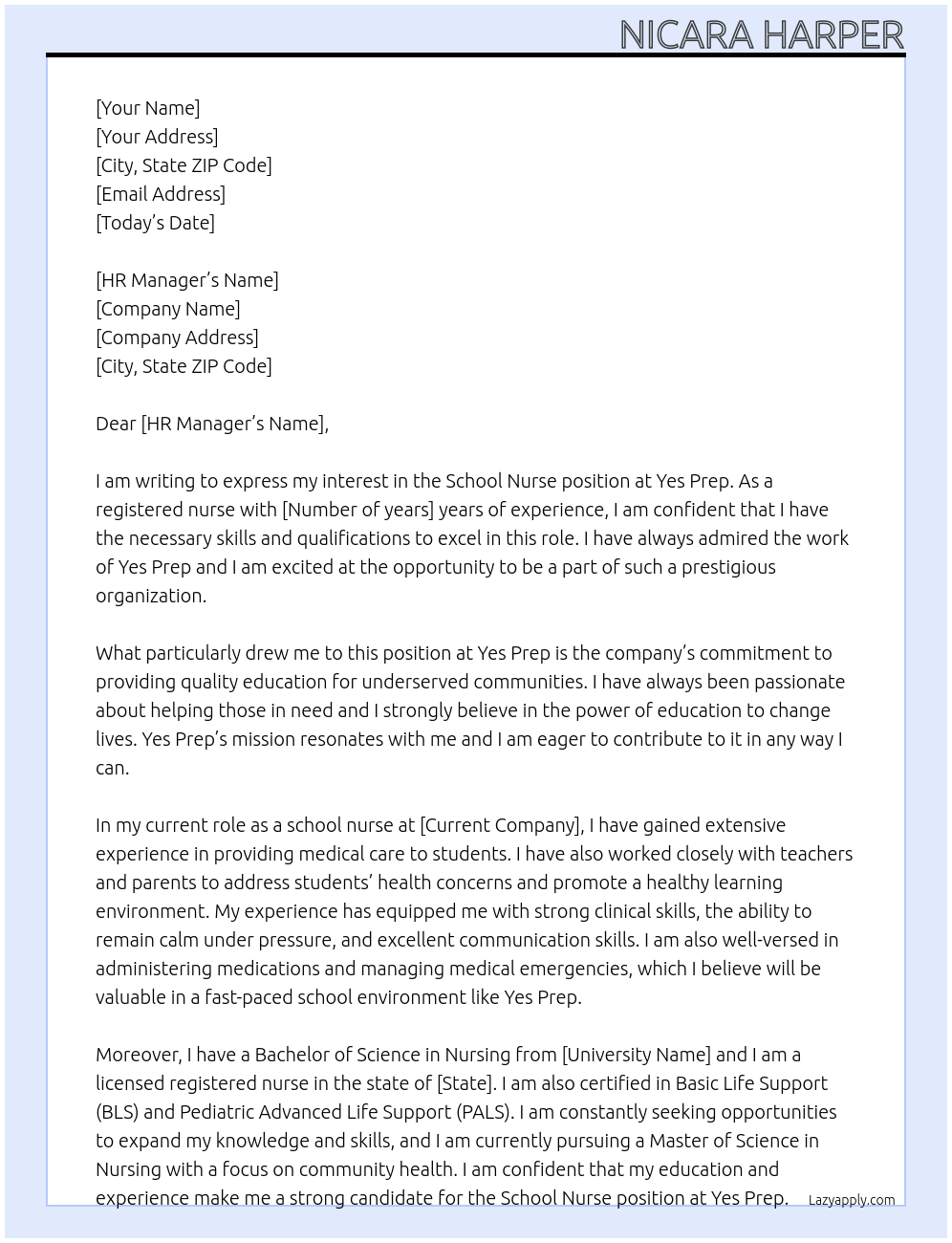 School nurse At Yes Prep Cover Letter