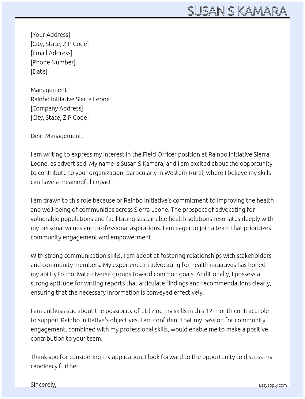 Field Officer At Rainbo Initiative Sierra Leone Cover Letter