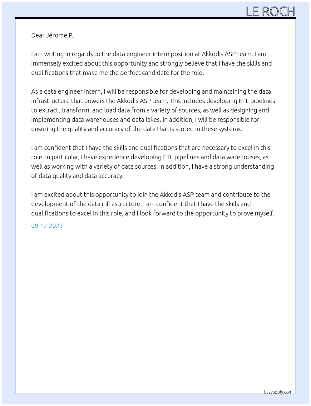 data engineer intern At Akkodis ASP team Cover Letter