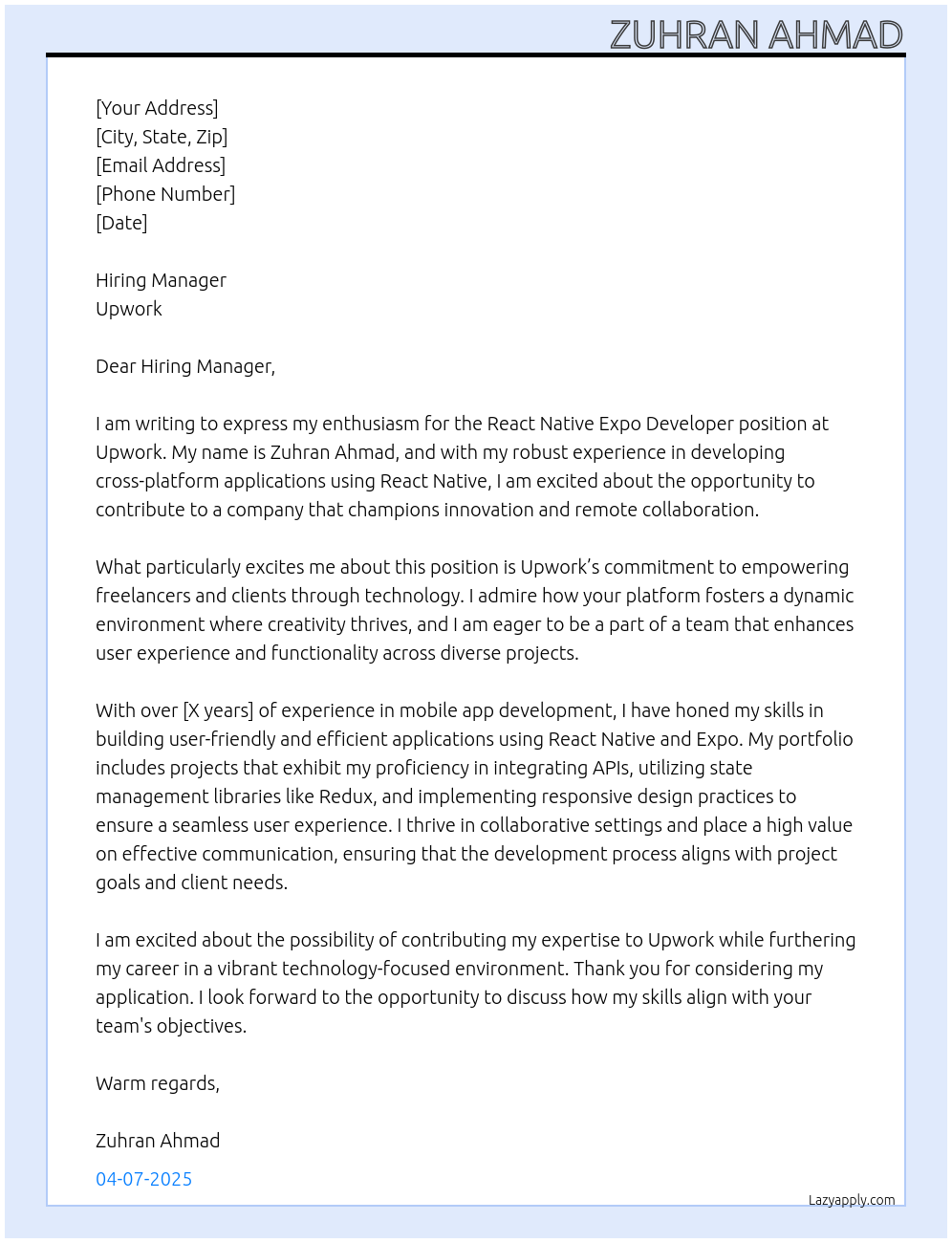 Cover letter for react native expo developer - LazyApply