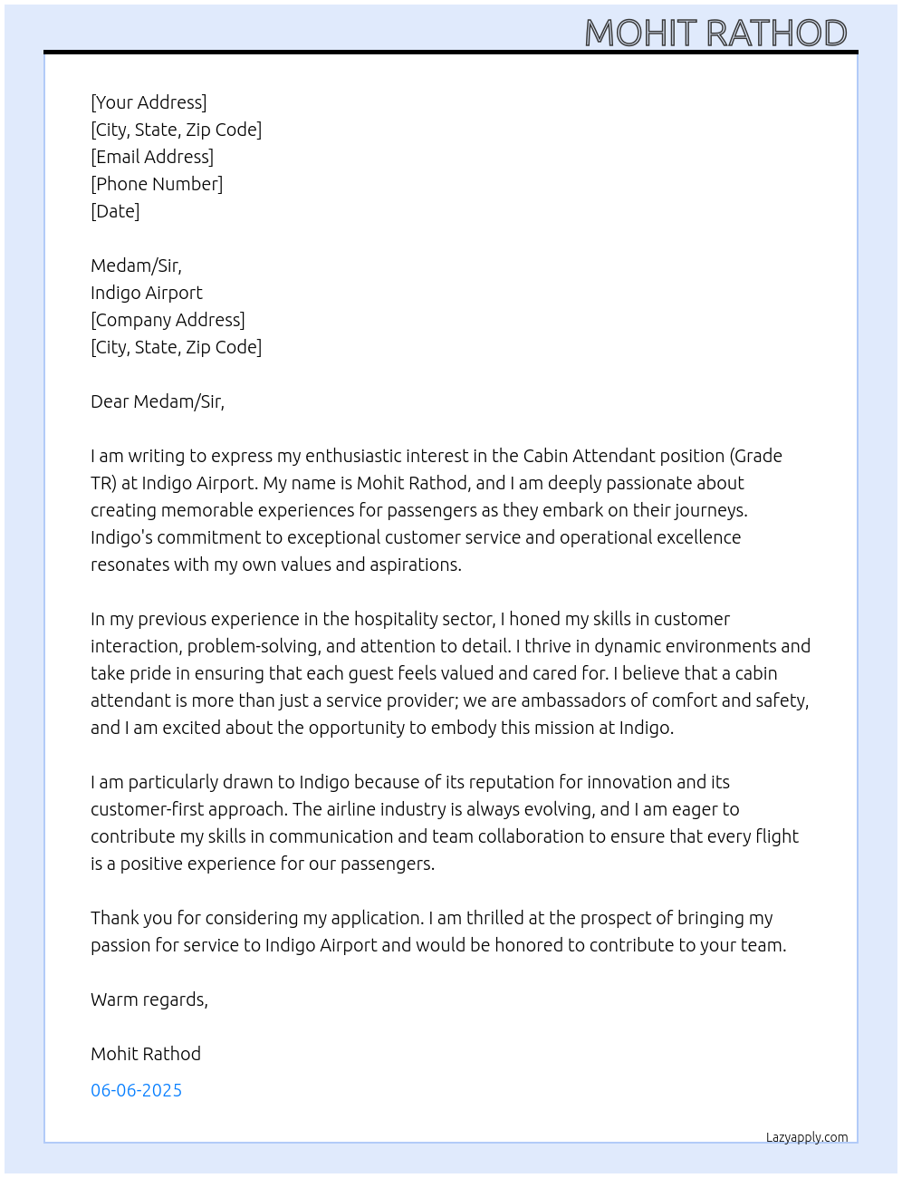 Cabin attendant ( grade tr ) At Indigo airport  Cover Letter