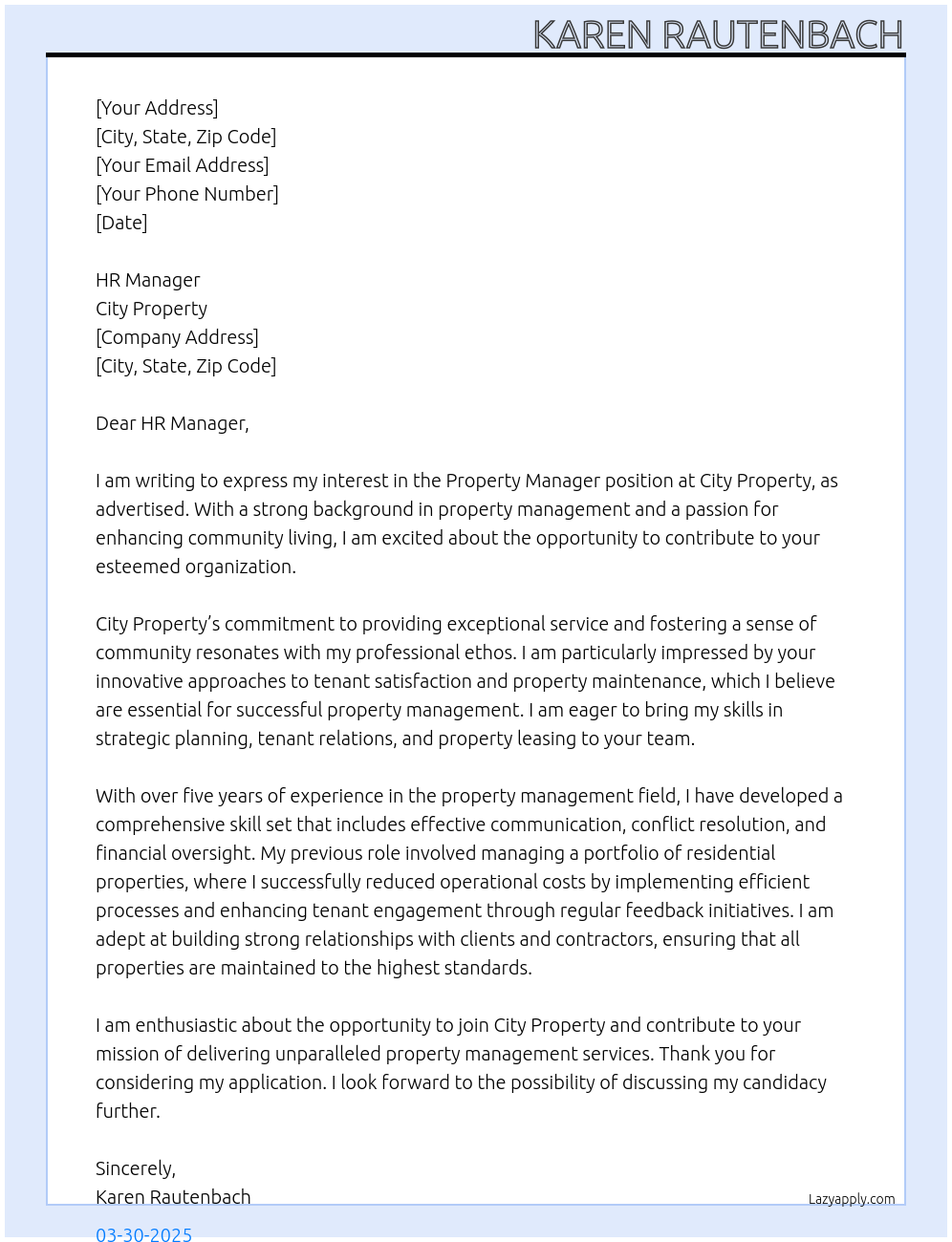 Property manager At City Property Cover Letter