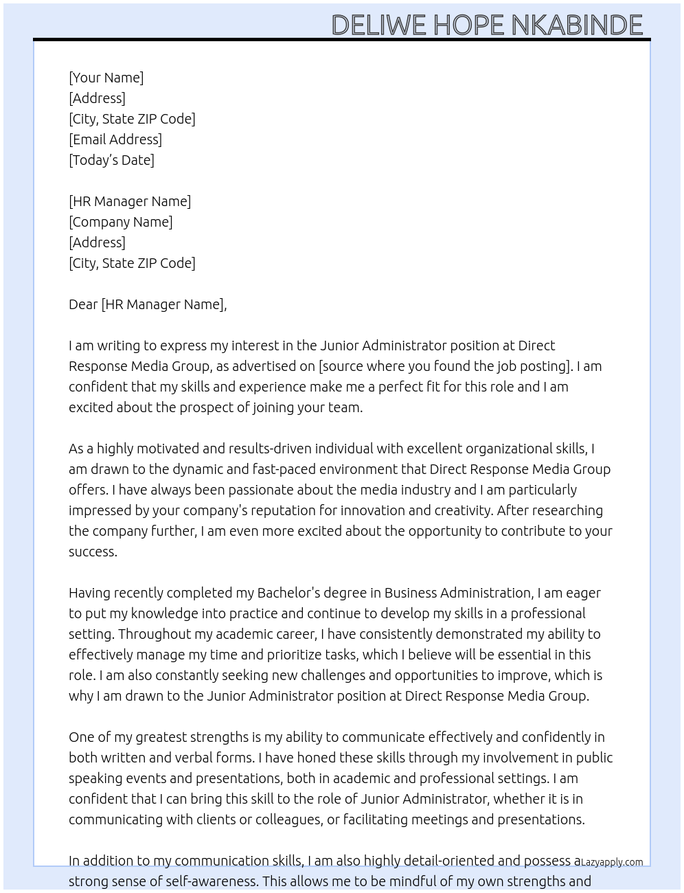 Cover letter for junior administrator - LazyApply