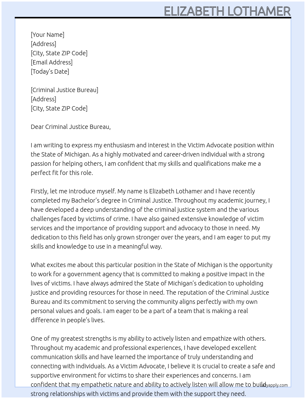 Victim Advocate At State of Michigan  Cover Letter