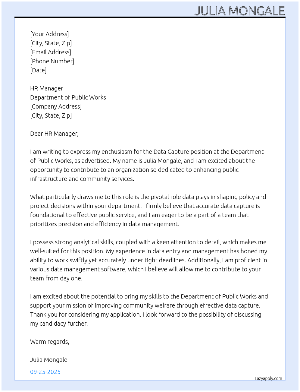 Cover letter for data capture - LazyApply